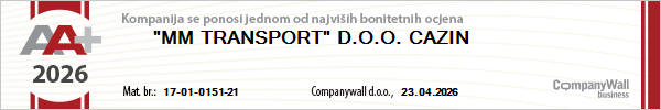 AA+ 2026 CompanyWall bonitetni certifikat — MM Transport d.o.o. Cazin